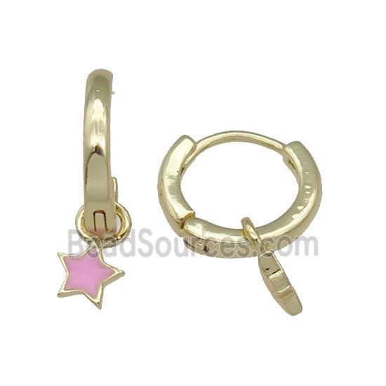 copper Hoop Earring with pink enamel star, gold plated