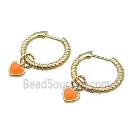 copper Hoop Earring with orange enamel heart, gold plated