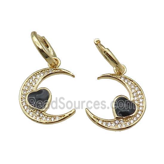 copper Hoop Earring with Moon paved zircon, black enamel heart, gold plated