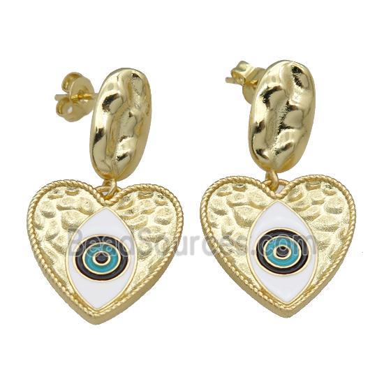 copper Stud Earring with heart, enamel Evil Eye, gold plated