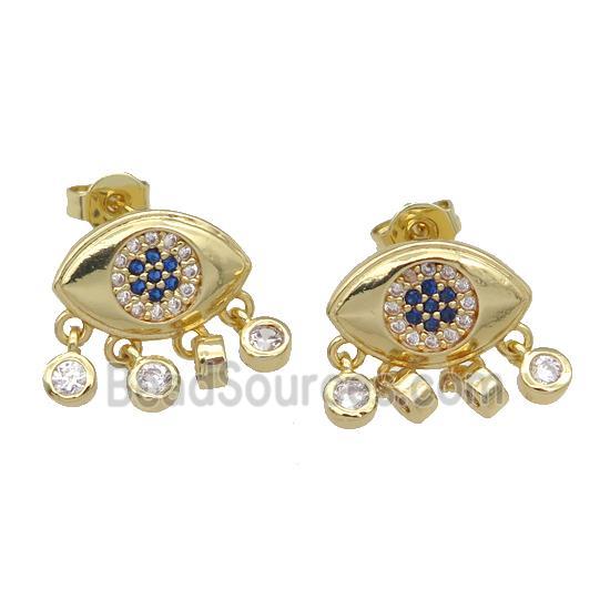 copper Stud Earring paved zircon, Eye, gold plated