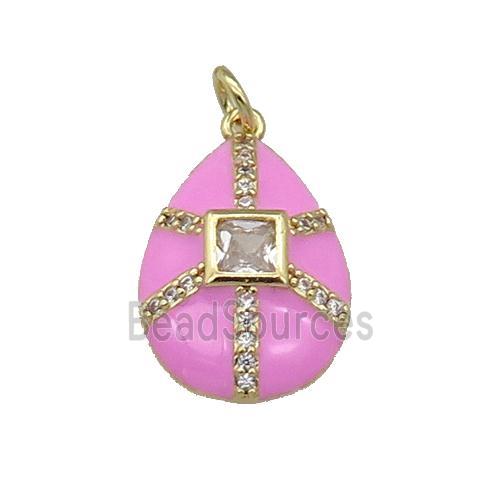 copper teardrop pendant paved zircon, pink enamel, gold plated