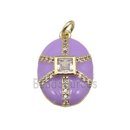 copper oval pendant paved zircon, purple enamel, gold plated