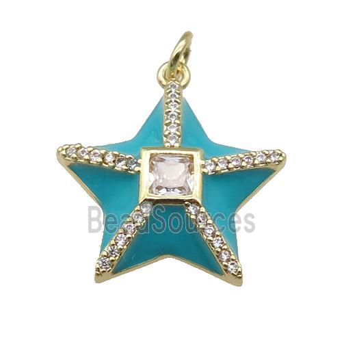 copper star pendant paved zircon, teal enamel, gold plated