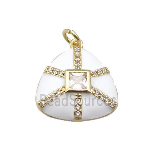 copper triangle pendant paved zircon, white enamel, gold plated