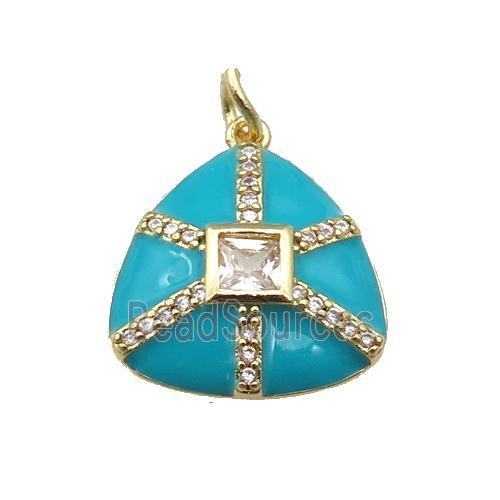 copper triangle pendant paved zircon, teal enamel, gold plated