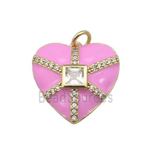 copper heart pendant paved zircon, pink enamel, gold plated