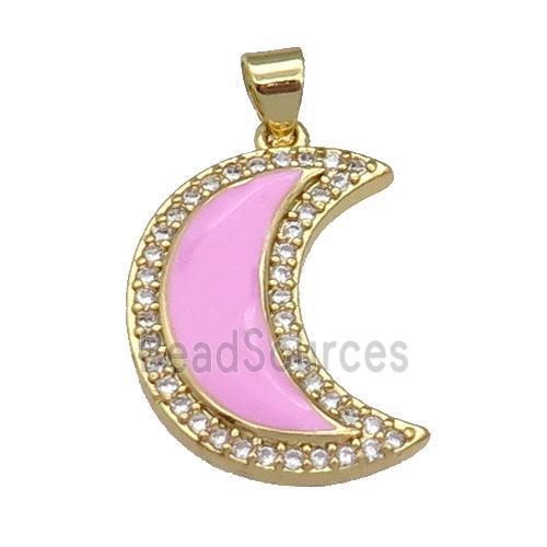 copper Moon pendant paved zircon with pink enamel, gold plated