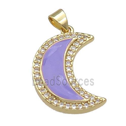 copper Moon pendant paved zircon with lavender enamel, gold plated