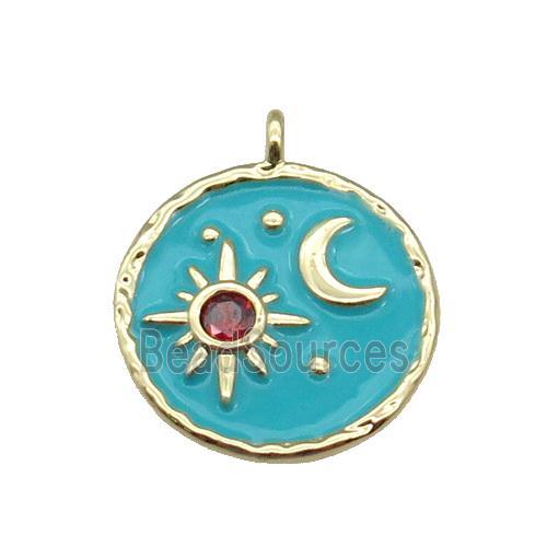 copper Circle pendant paved zircon with teal enamel, moon, sun, gold plated