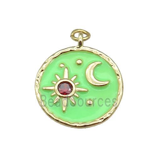 copper Circle pendant paved zircon with green enamel, moon, sun, gold plated