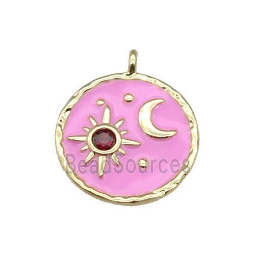 copper Circle pendant paved zircon with pink enamel, moon, sun, gold plated