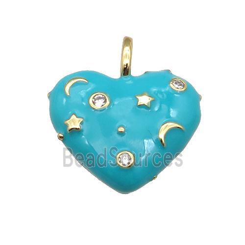 copper Heart pendant with teal enamel, moon star, gold plated