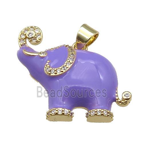 copper Elephant charm pendant with lavender enamel, gold plated