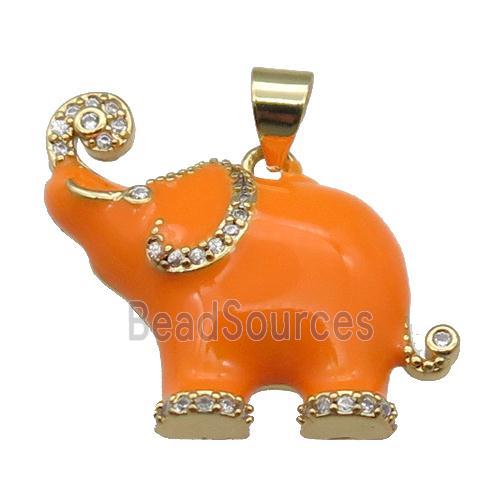 copper Elephant charm pendant with orange enamel, gold plated