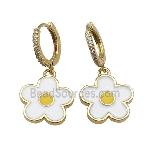 copper Hoop Earring paved zircon, white enamel daisy flower, gold plated