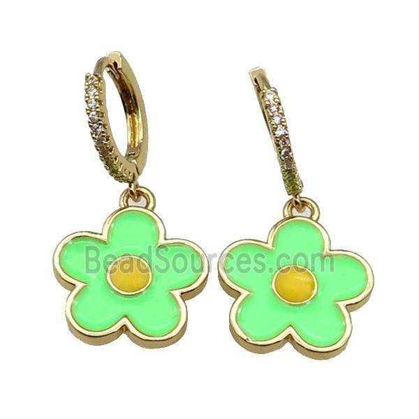 copper Hoop Earring paved zircon, green enamel daisy flower, gold plated