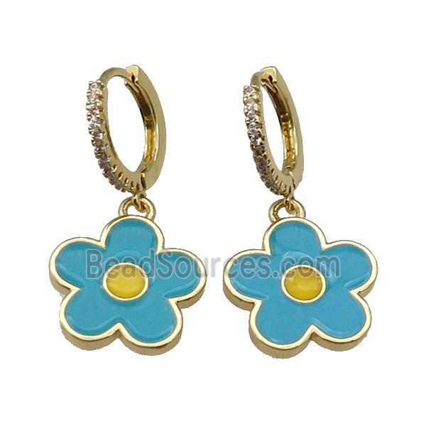 copper Hoop Earring paved zircon, teal enamel daisy flower, gold plated