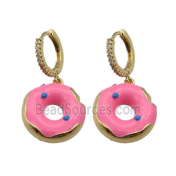 copper Hoop Earring paved zircon with pink enamel donut, gold plated