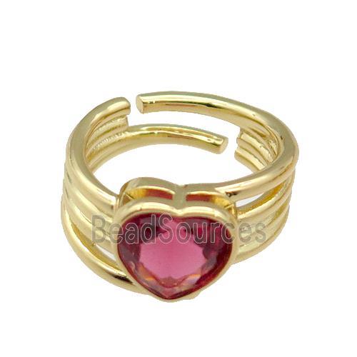 copper Ring paved zircon, red heart, gold plated