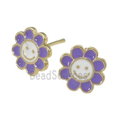 copper emoji Stud Earring with lavender enamel, smileface, gold plated