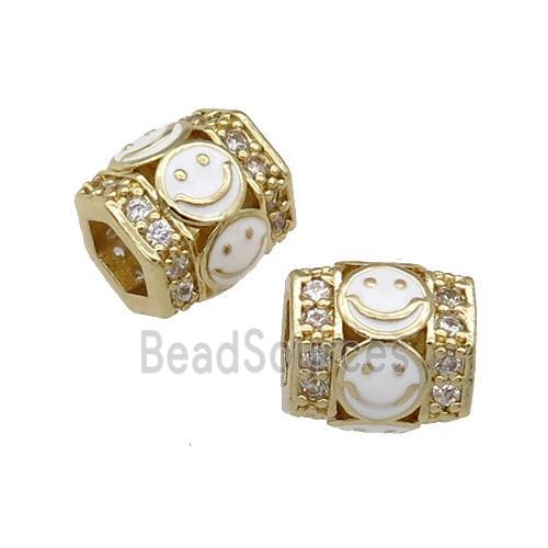 copper Tube beads paved zircon with white enamel smileface, gold plated