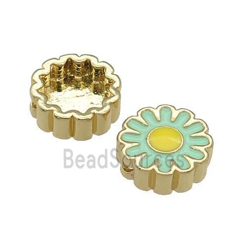 copper Sunflower beads with green enamel, gold plated