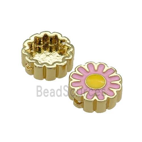 copper Sunflower beads with pink enamel, gold plated