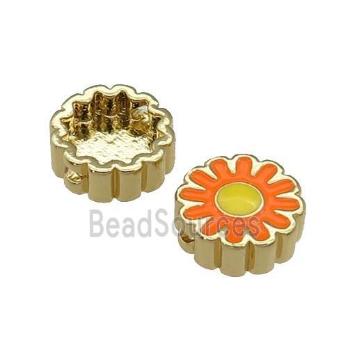 copper Sunflower beads with orange enamel, gold plated