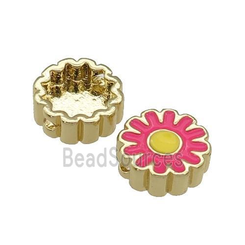 copper Sunflower beads with hotpink enamel, gold plated