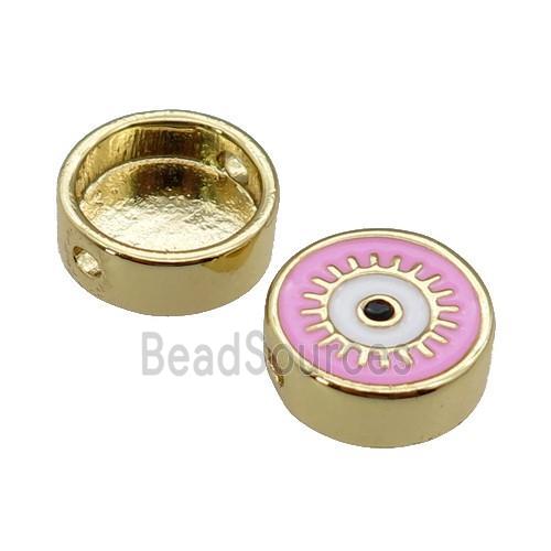 copper circle Eye beads with pink enamel, gold plated