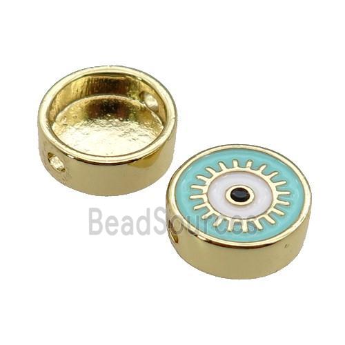 copper circle Eye beads with lt.green enamel, gold plated