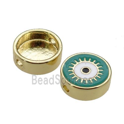 copper circle Eye beads with green enamel, gold plated