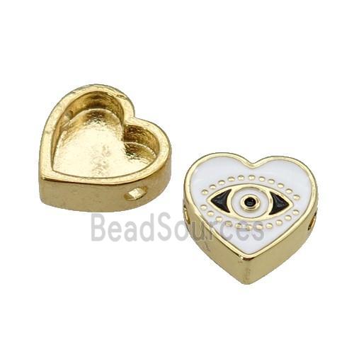 copper Heart beads with white enamel, Evil Eye, gold plated