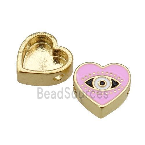 copper Heart beads with pink enamel, Evil Eye, gold plated