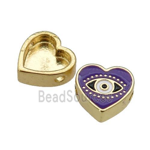 copper Heart beads with purple enamel, Evil Eye, gold plated