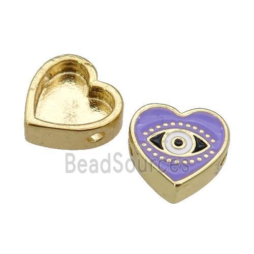 copper Heart beads with lavender enamel, Evil Eye, gold plated