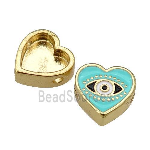 copper Heart beads with lt.green enamel, Evil Eye, gold plated