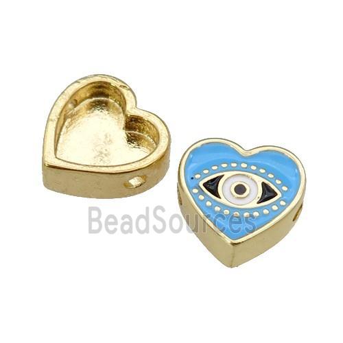 copper Heart beads with blue enamel, Evil Eye, gold plated