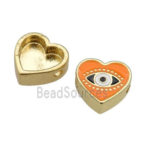 copper Heart beads with orange enamel, Evil Eye, gold plated