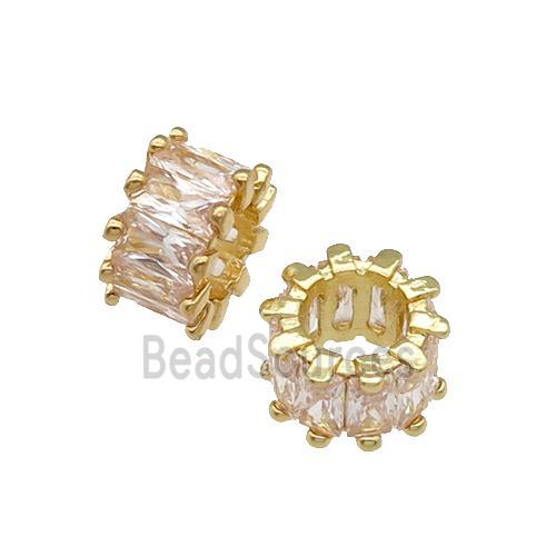 copper rondelle beads paved zircon, large hole, gold plated