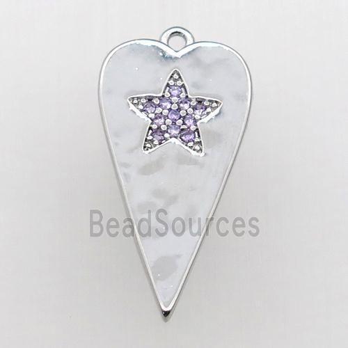 copper heart pendant paved purple zircon, platinum plated