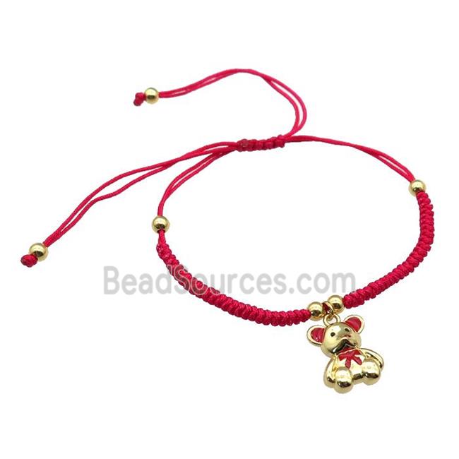 red nylon bracelet with copper bear, adjustable