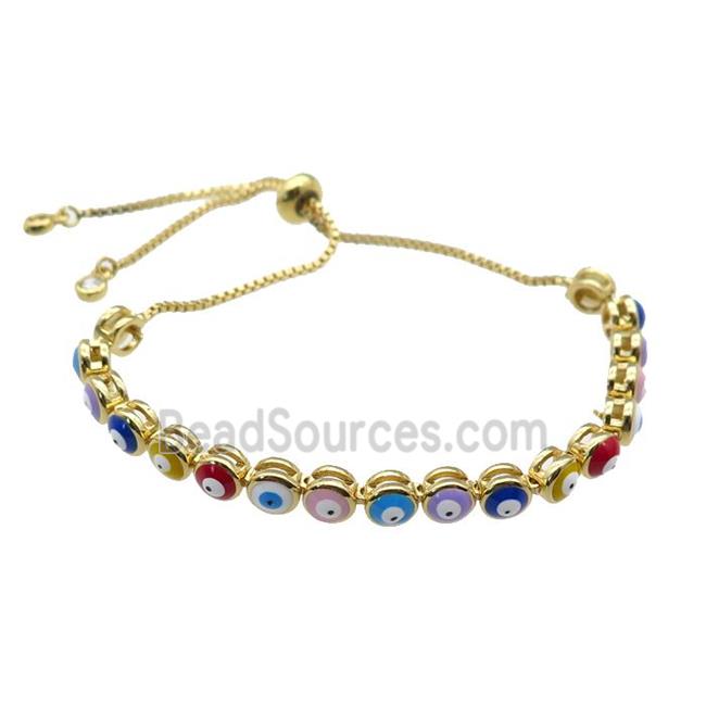 copper Bracelet with enamel Evil Eye, multicolor, adjustable, gold plated