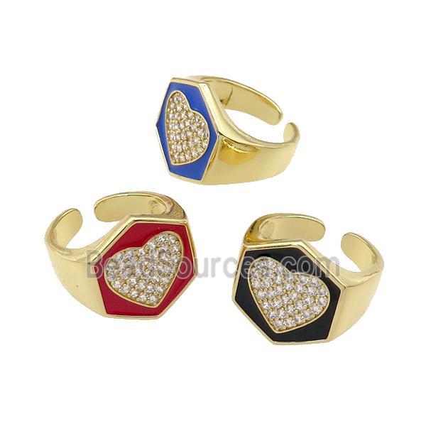 copper Heart Ring paved zircon with enamel, gold plated, mixed