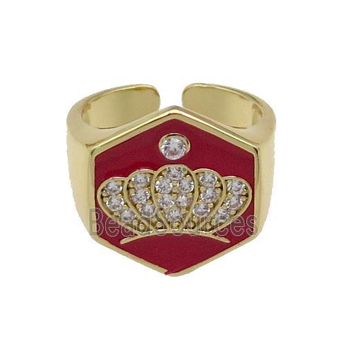 copper Crown Rings paved zircon with red enamel, gold plated