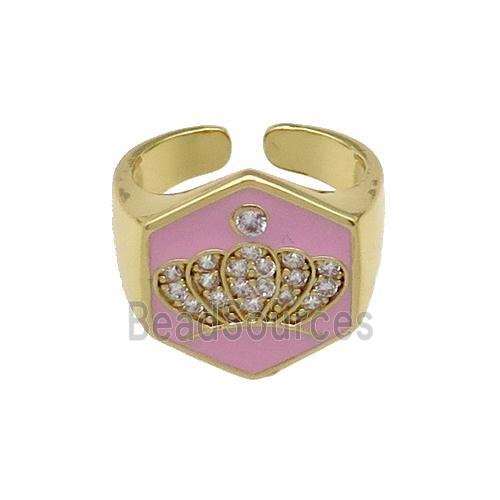 copper Crown Rings paved zircon with pink enamel, gold plated