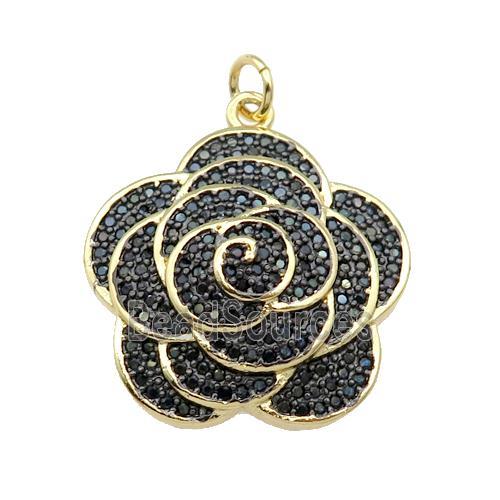 copper Flower pendant pave black zircon, gold plated