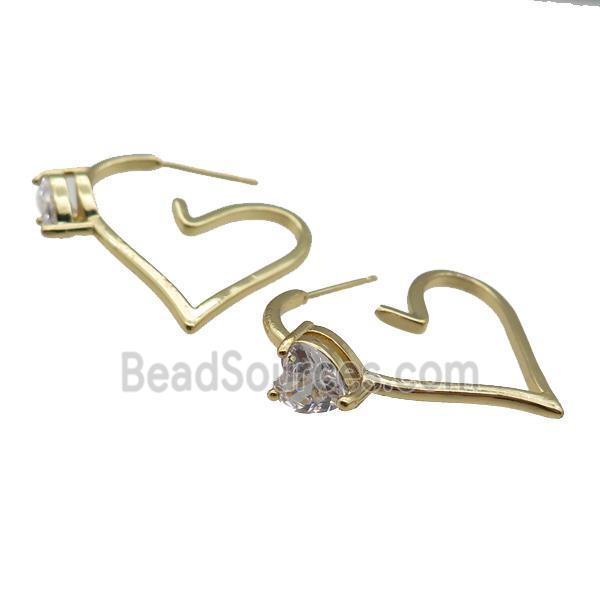 copper Stud Earring pave zircon, heart, gold plated