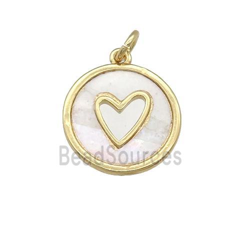 copper circle pendant pave shell, heart, gold plated